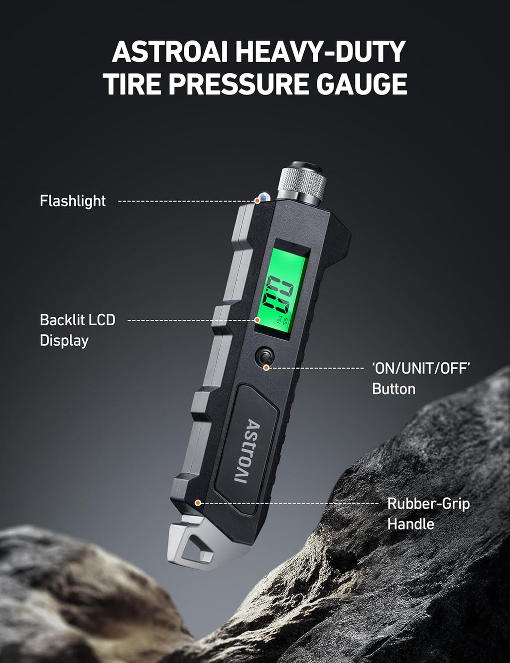 Astroai Digital Tire Pressure Gauge, 230 PSI 4 Settings Heavy Duty for Car Bicycle with Larger Backlit LCD Flashlight and Non-Slip, Black