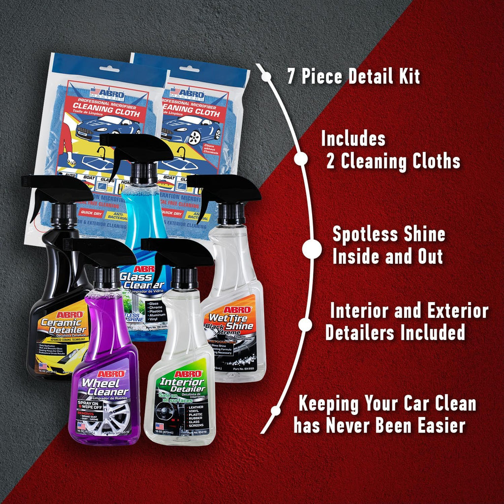 ABRO Professional Grade Car Detailing Kit, Includes Streak Free Glass Cleaner, Wheel Cleaner, 2 Mircofiber Cleaning Towels, Interior & Exterior Wash