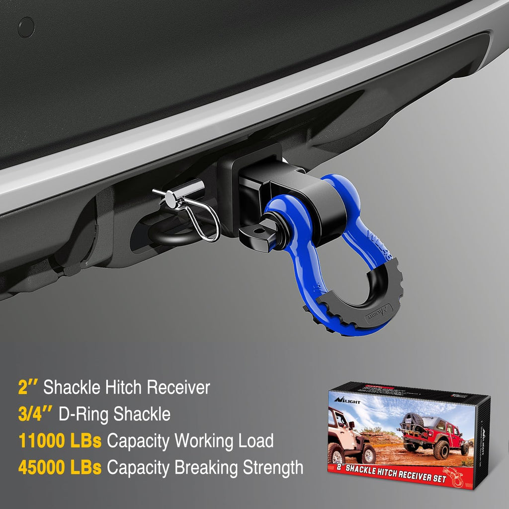 Nilight Shackle Hitch Receiver 2Inch 45000 Lbs Breaking Strength 3/4" D Ring Trailer Pin Heavy Duty Solid Recovery Towing Kit for Trucks Jeeps Off-Road