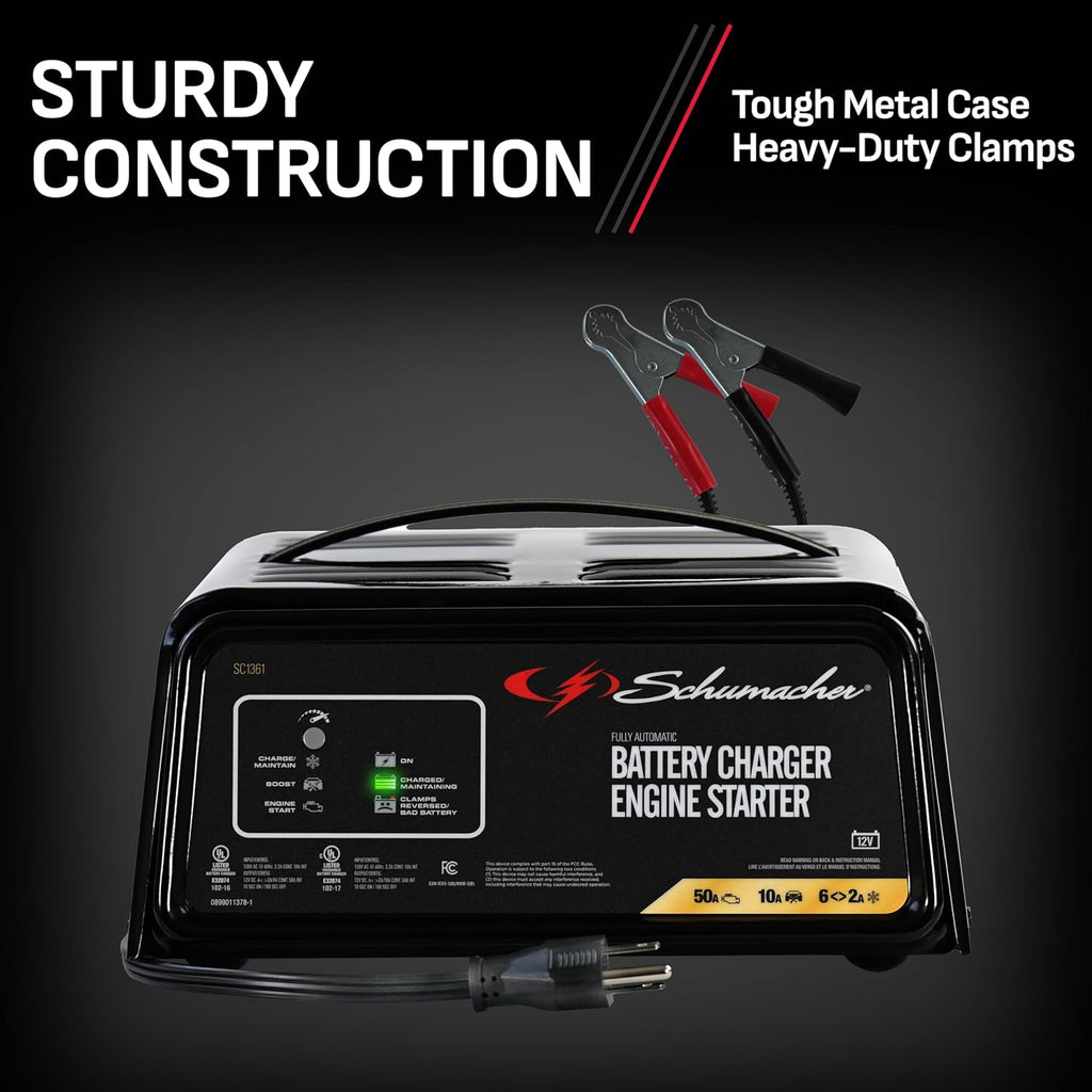 Schumacher Electric 50A 12V Car Battery Charger, Engine Starter & Maintainer - Fully Automatic Battery Charger for Cars, Trucks & Rvs - 6A Charge/ 2A Maintain & 10A Boost Modes - SC1361