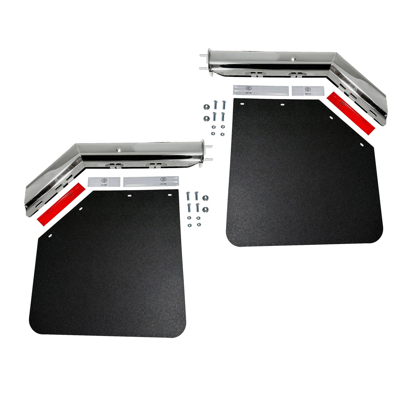 Pair Chrome Angled Spring Loaded Mud Flap Hanger 2.5" & Mud Flap for Semi Truck