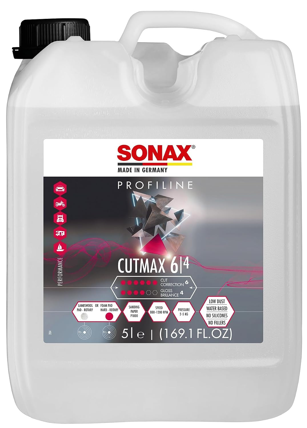 SONAX Cutmax Compound 246141 | High-Abrasive Paint Correction Polish for P1500 Grit Sanding Marks | Silicone-Free, Dust-Free, and Odorless | Long Buffing Cycle for Severe Weathered Paint | 250Ml