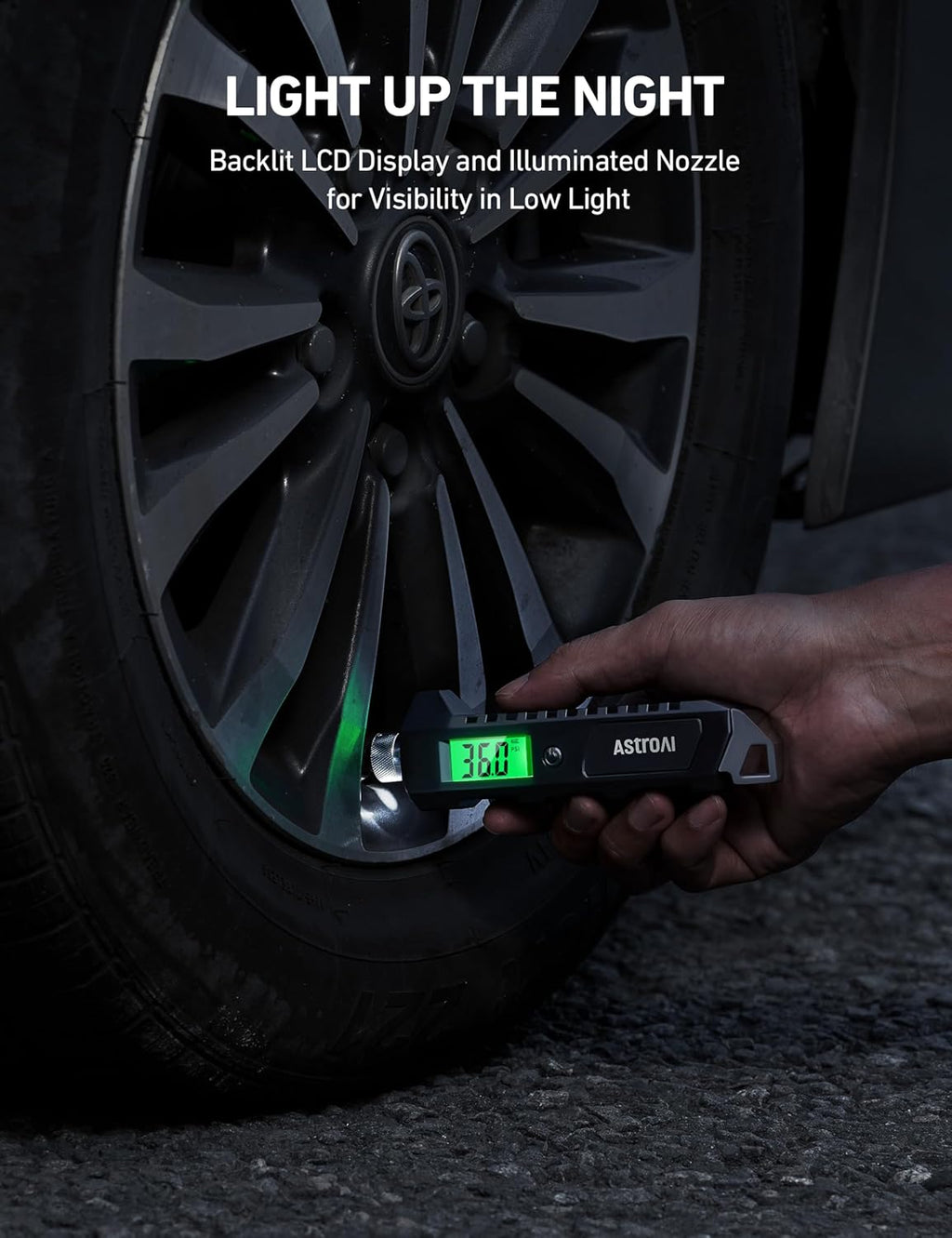 Astroai Digital Tire Pressure Gauge, 230 PSI 4 Settings Heavy Duty for Car Bicycle with Larger Backlit LCD Flashlight and Non-Slip, Black