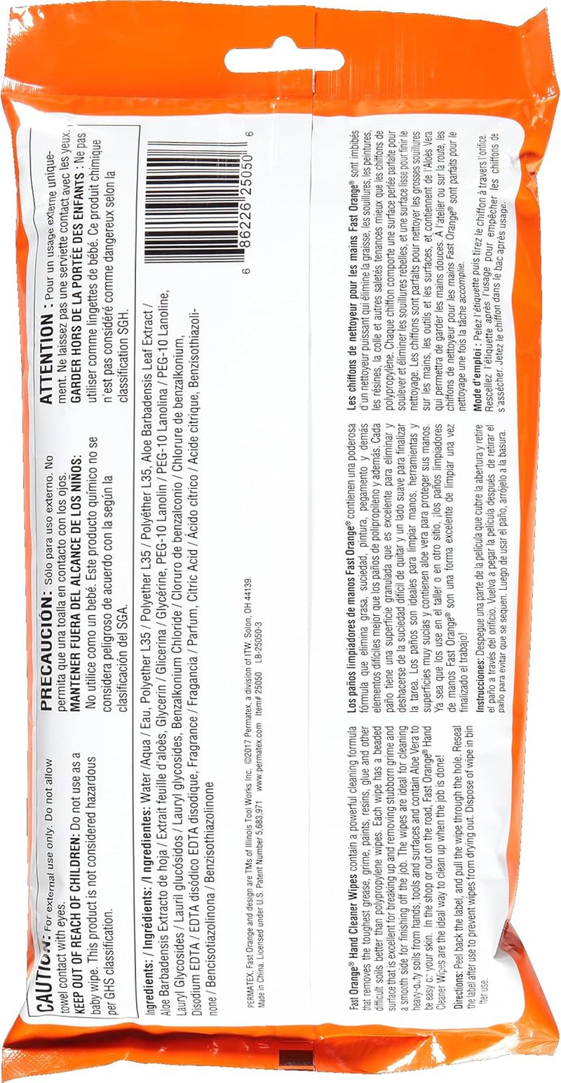 Fast Orange 25050 Hand Cleaner Wipes, Mechanic Wipes for Auto Shop, Heavy Duty Wipes, Removes Grease, Oil, Exhaust Fumes from Hands and Skin, 25 Count
