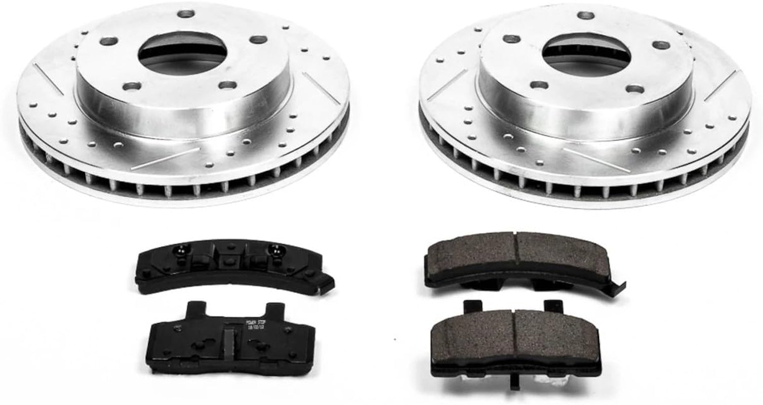 Powerstop Front Brake Kit for Dodge Ram 1500 1994-99 - Drilled and Slotted Disc Rotors with Carbon-Fiber Ceramic Brake Pads Replacement, K2126