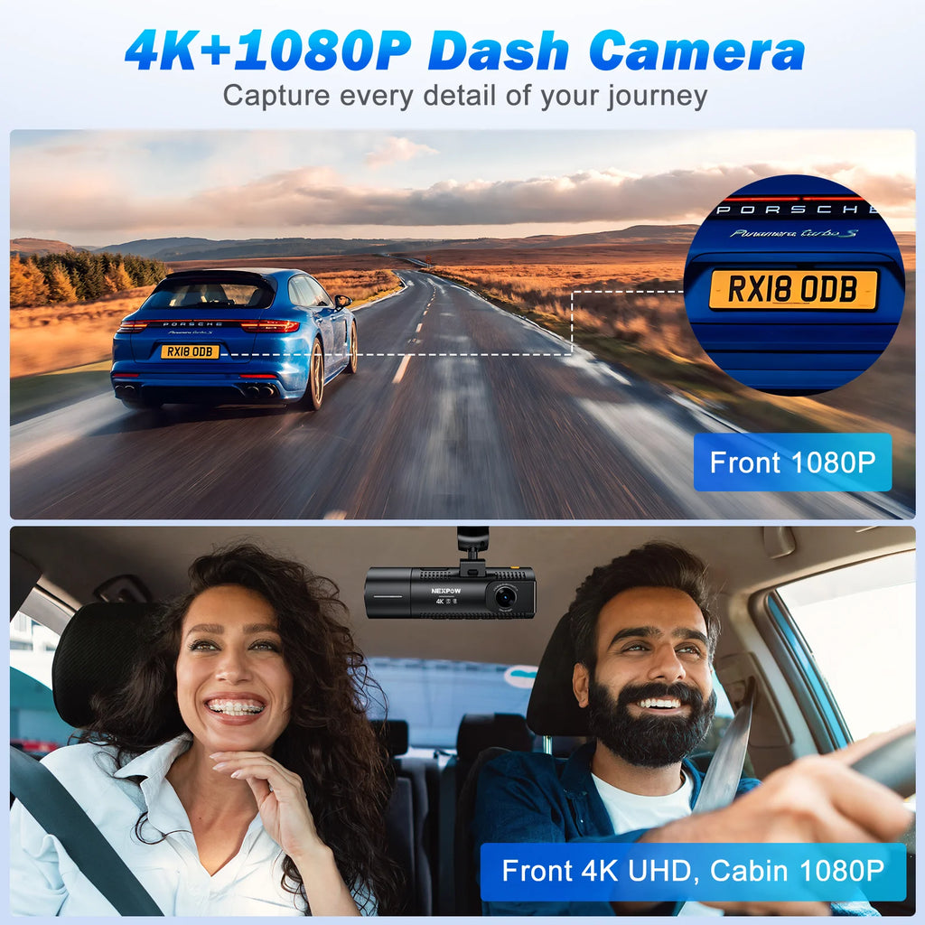 Dash Cam Front and Rear, 4K Full HD Dash Camera with Built-In Wifi GPS, Super Night Vision, WDR, 24H Parking Mode, 32GB Card Included