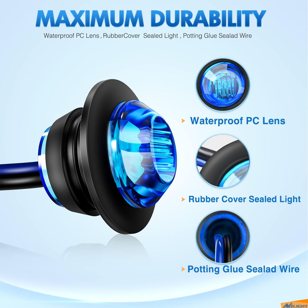 10 PCS 3/4 Inch round LED Clearance Light Front Rear Side Indicator Bullet Marker Lamp for Truck RV Car Bus Trailer Van Caravan Boat, Blue