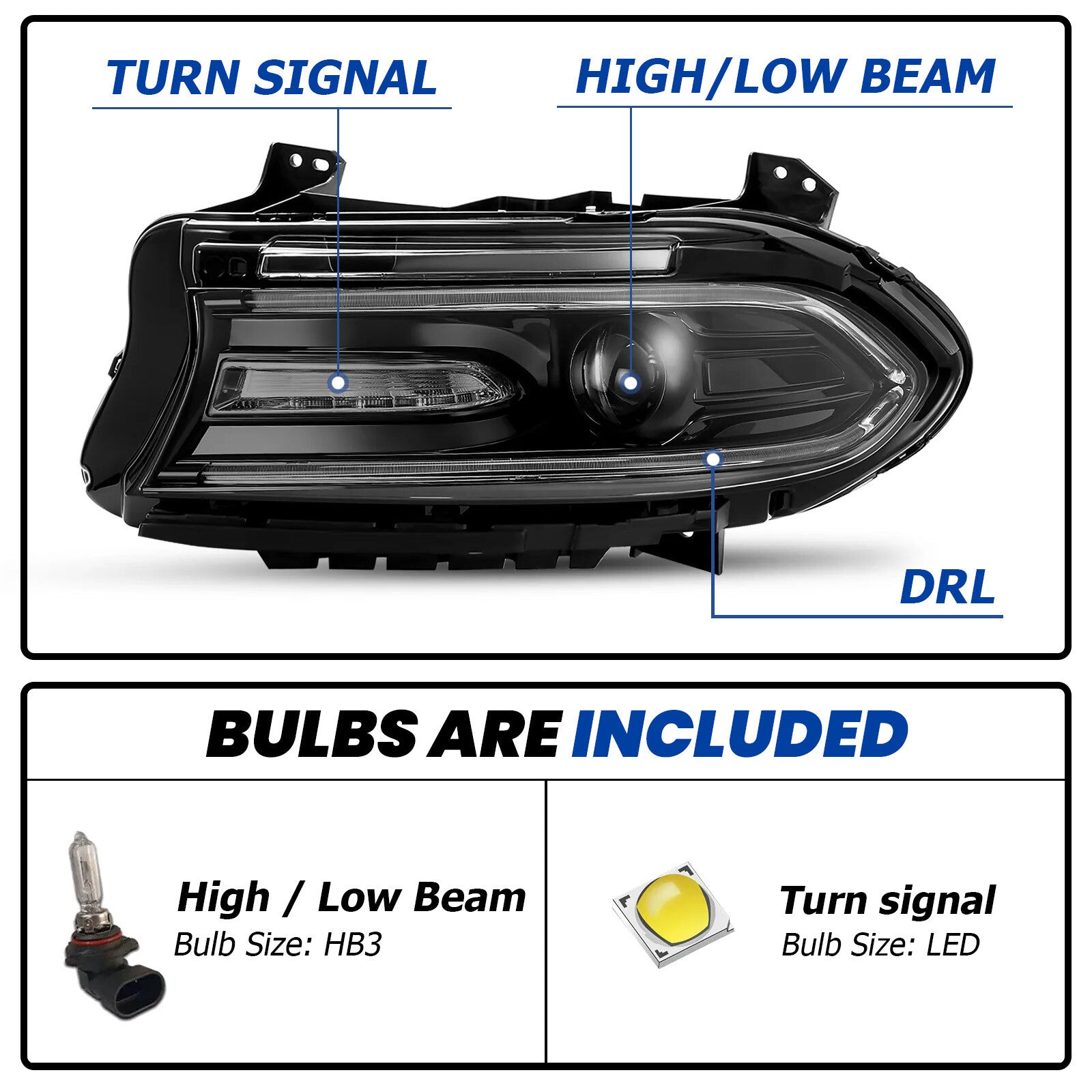 Pair LED DRL Projector Headlights Assemblies for Dodge Charger 2015-2023 LH+RH