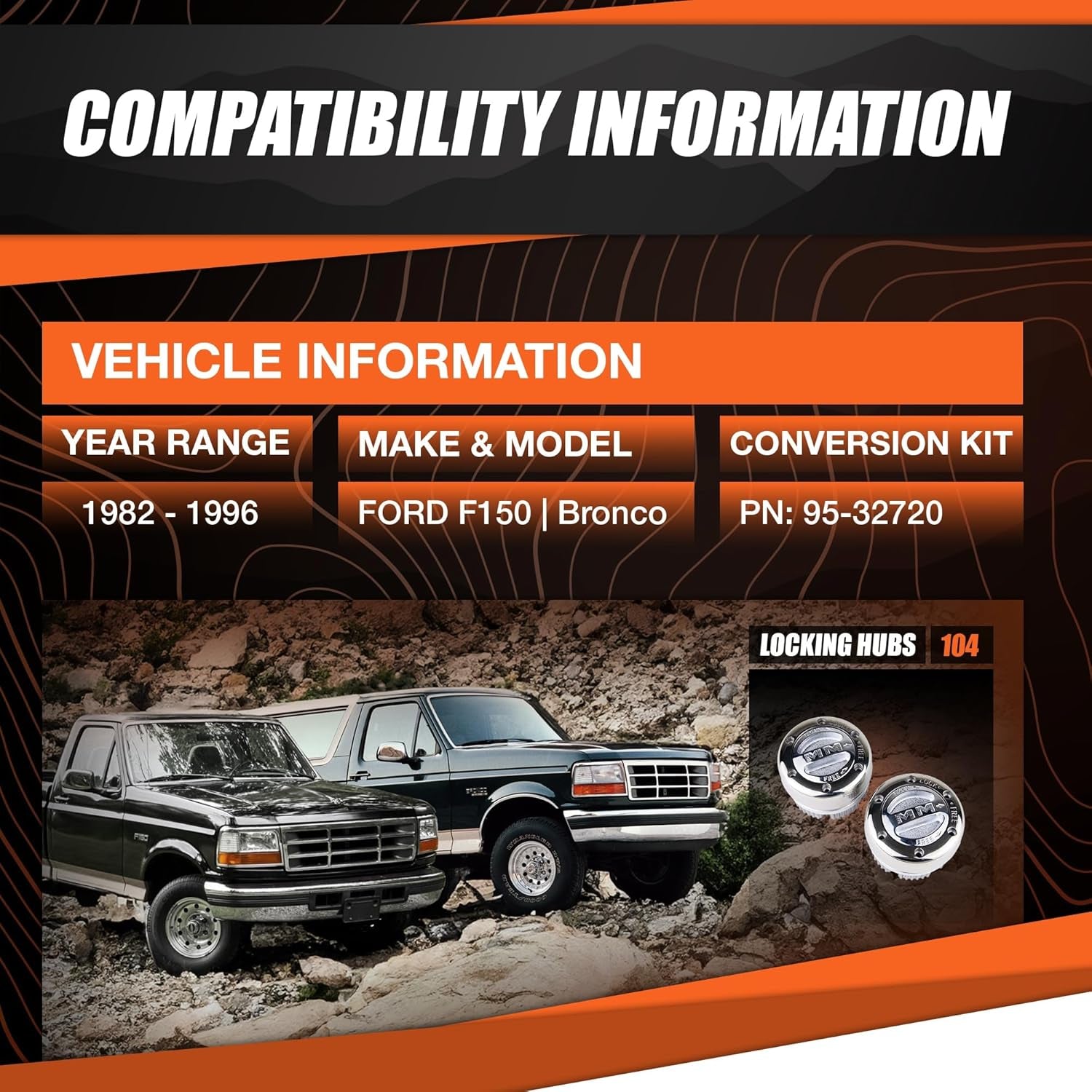 104 Pair of Premium Manual Locking Hubs Fits 1982-1996 F150 & Bronco | Requires Conversion Kit | Replaces Original Equipment Manual and Automatic Hubs | Includes Hardware