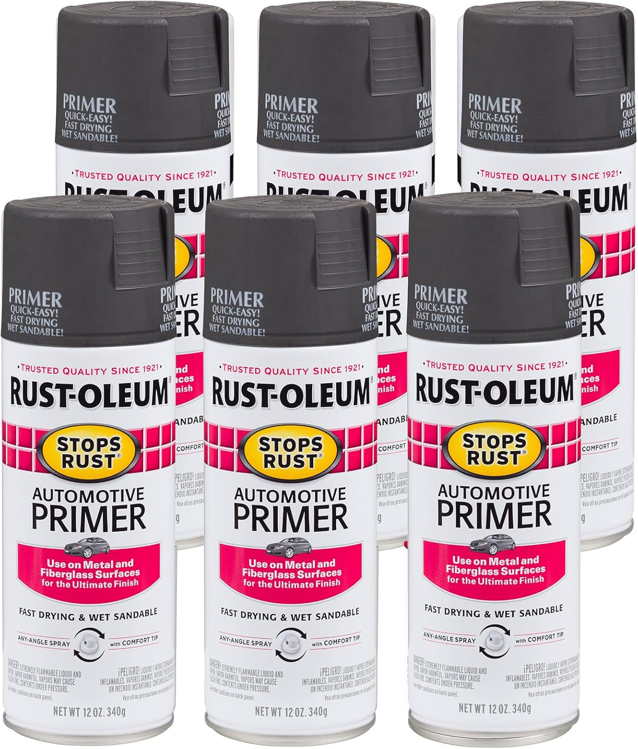 Rust-Oleum 2081830-6PK Stops Rust Automotive Primer Spray, 12 Oz, Flat Light Gray, 6 Pack