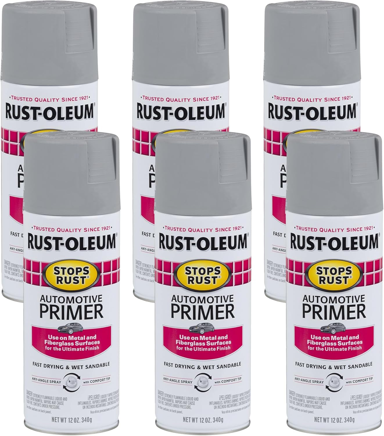 Rust-Oleum 2081830-6PK Stops Rust Automotive Primer Spray, 12 Oz, Flat Light Gray, 6 Pack