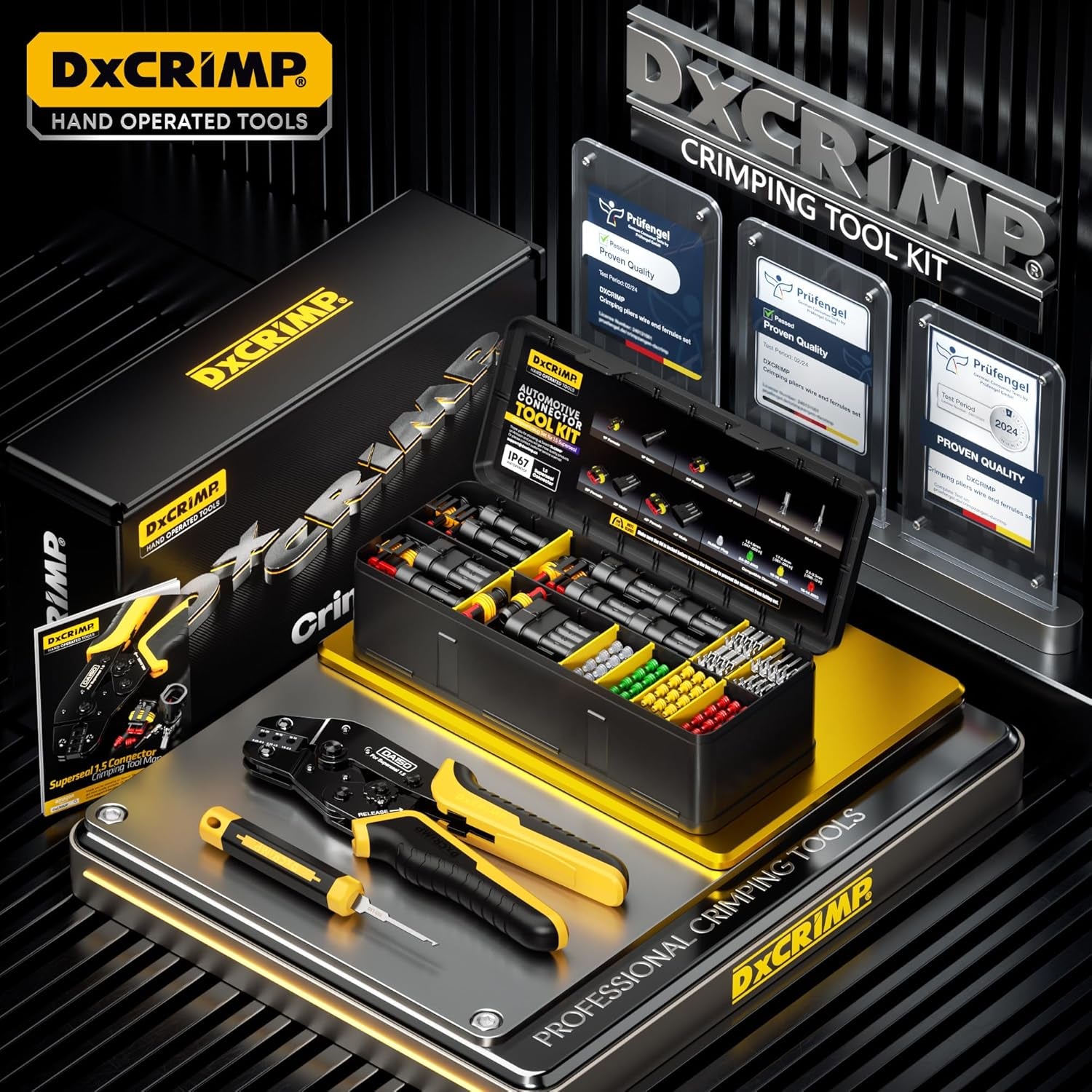 Waterproof Automotive Electrical Connectors Crimping Tool Kit, 1/2/3/4 Pin Waterproof Plugs, Ratchet Crimper for 24–14 AWG Wires, Includes Removal Tools for Car, Truck, RV, Boat Wiring Harness